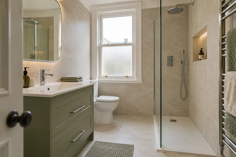 Sage vanity and walk-in shower in a bright compact bathroom