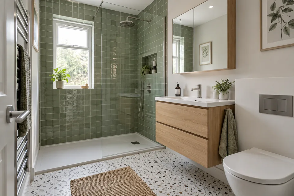 Green shower tiles, oak storage and a glass shower screen