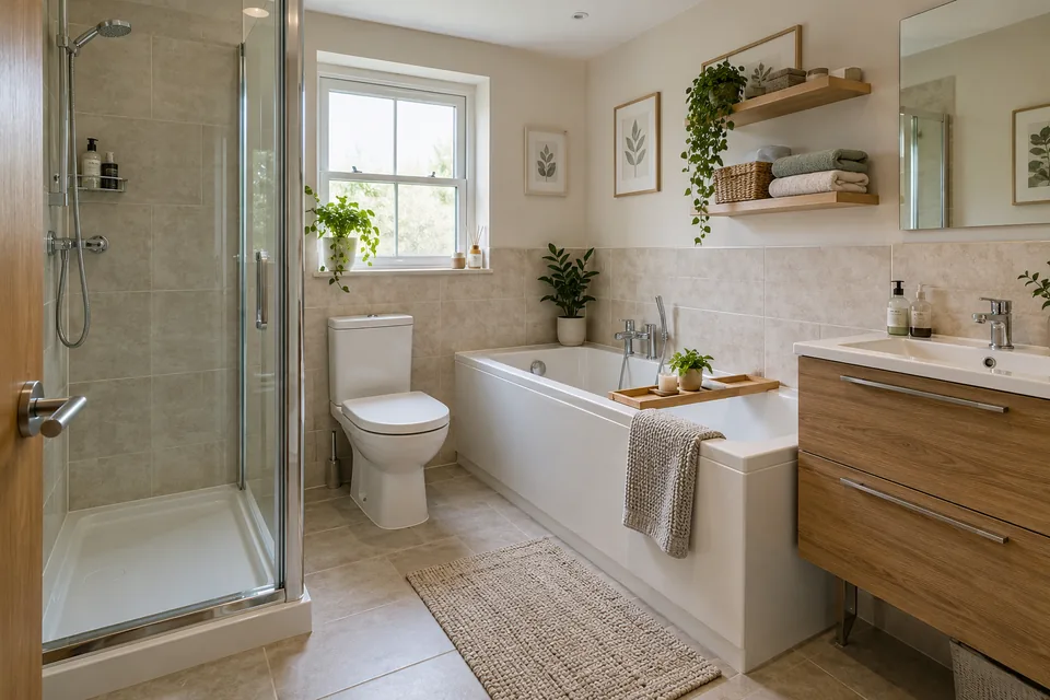 Fitted bath, separate shower and vanity storage in a practical bathroom